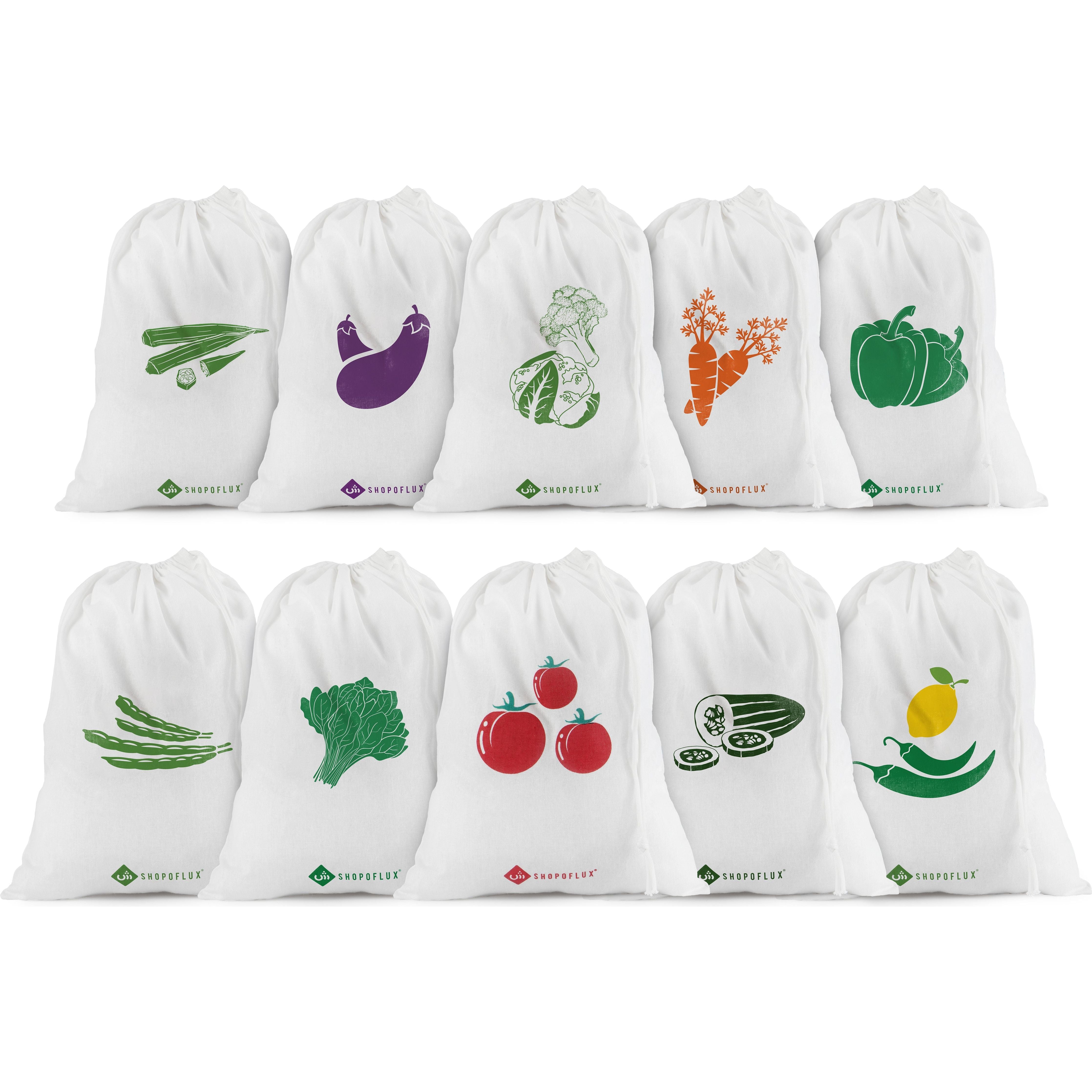 SHOPOFLUX Cotton Reusable Vegetable Storage Bag For Fridge Set Of 10 B