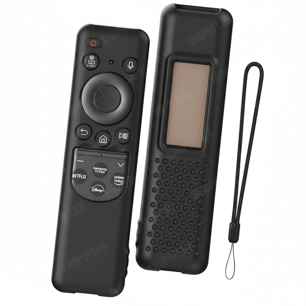 SHOPOFLUX Silicone TV Remote Cover Compatible with Samsung Smart TV Protective Open Key Case with Lanyard (Black) Shopoflux