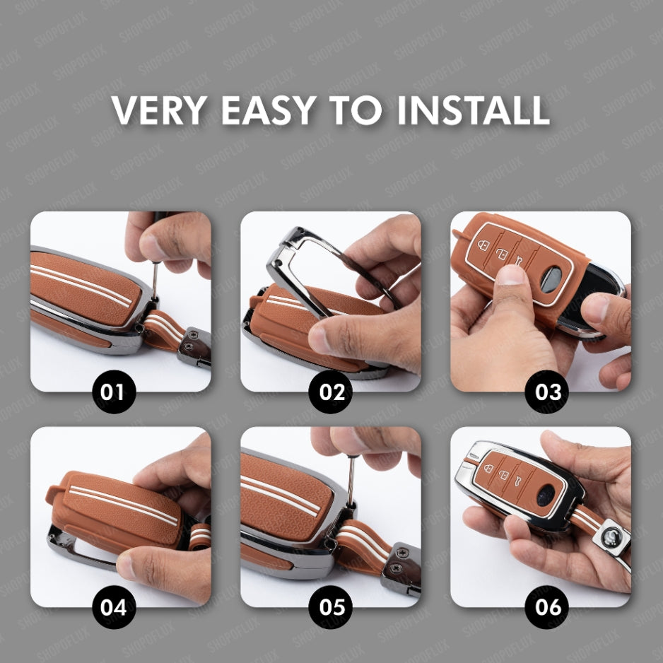 SHOPOFLUX Metal Key Cover Compatible for Tata Harrier | Sierra EV Round Smart Key (Brown)