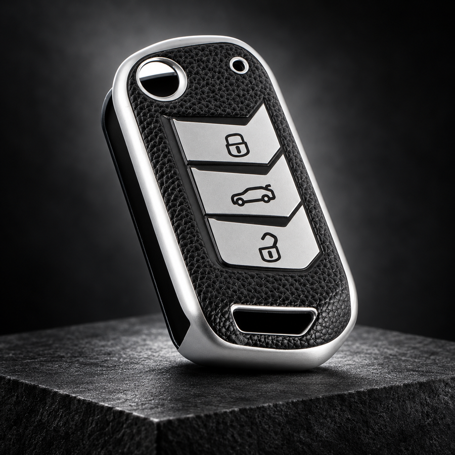 SHOPOFLUX TPU leather key cover with silver frame on a black studio background